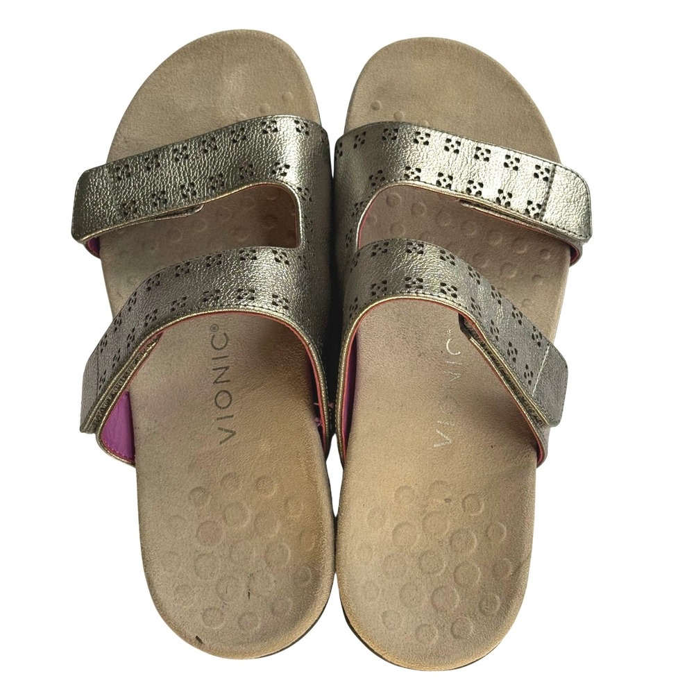 Vionic Amber Metallic Pewter Laser Cut Adjustable Slide Sandals EUC